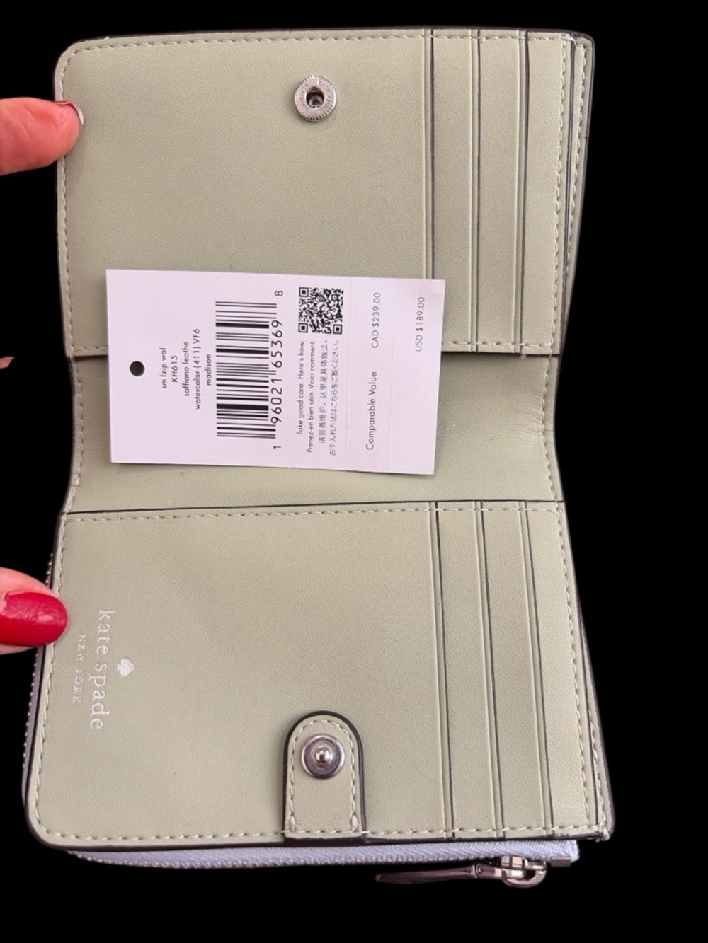 kate spade light gray and olive zip card case wallet with gold logo - Picture 4 of 4
